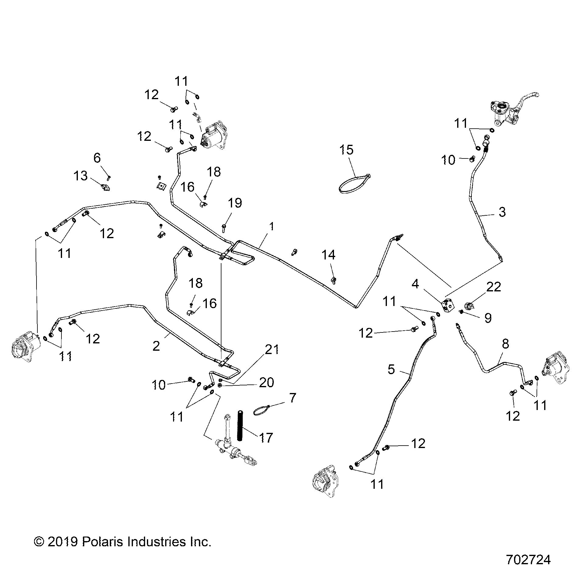 An Image of a Genuine Polaris Parts Schematic Diagram showing the schematic - BRAKES: BRAKE LINES - 2020 POLARIS SPORTSMAN 570 X2