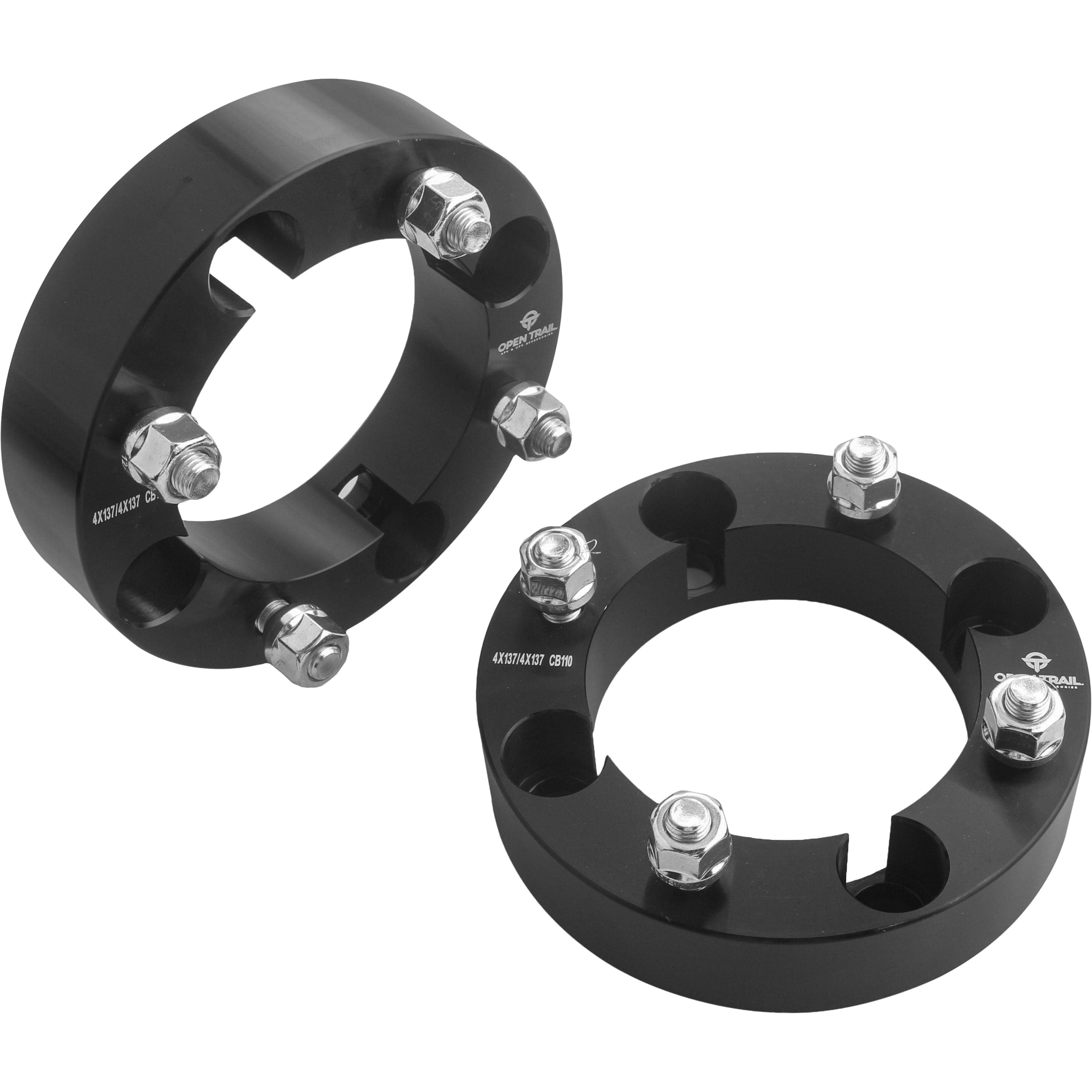 Two black, circular Wheel Spacer 1.5 4/137 Stud: 12Mm X 1.5Mm by Open Trail units with metallic bolts, displayed at different angles on a plain white background to highlight enhanced traction and stability.