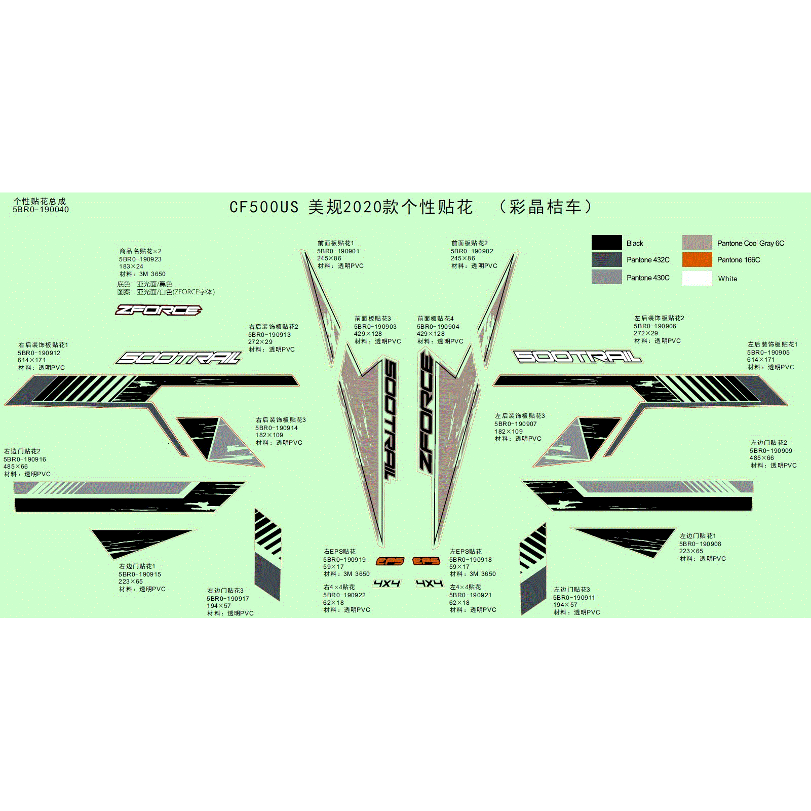 An Image of a Genuine CFMOTO Parts Schematic Diagram showing the schematic - DECAL - 2020 CFMOTO ZFORCE 500