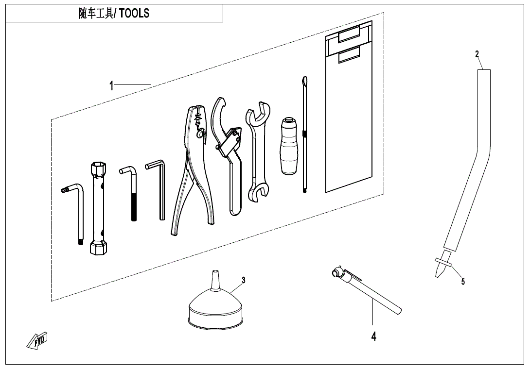 A labeled diagram shows numbered tools like hex keys and pliers in front of a rectangular pouch. The Tool Kit by CF Moto is perfect for ATV off-road repairs with OEM parts from Witchdoctors.com.