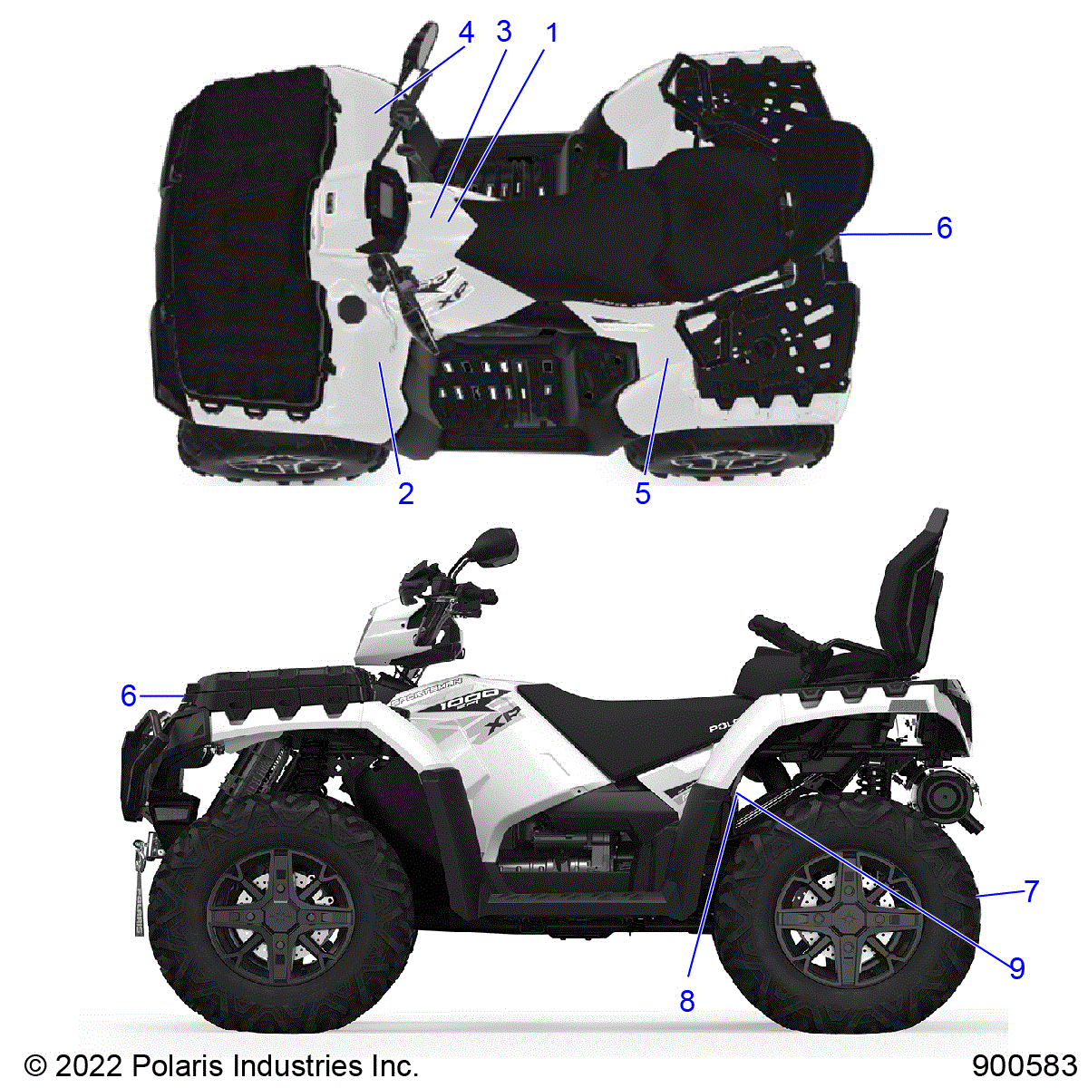 An Image of a Genuine Polaris Parts Schematic Diagram showing the schematic - BODY: DECALS GENERAL - 2023 POLARIS SPORTSMAN TOURING 1000 48" 49S