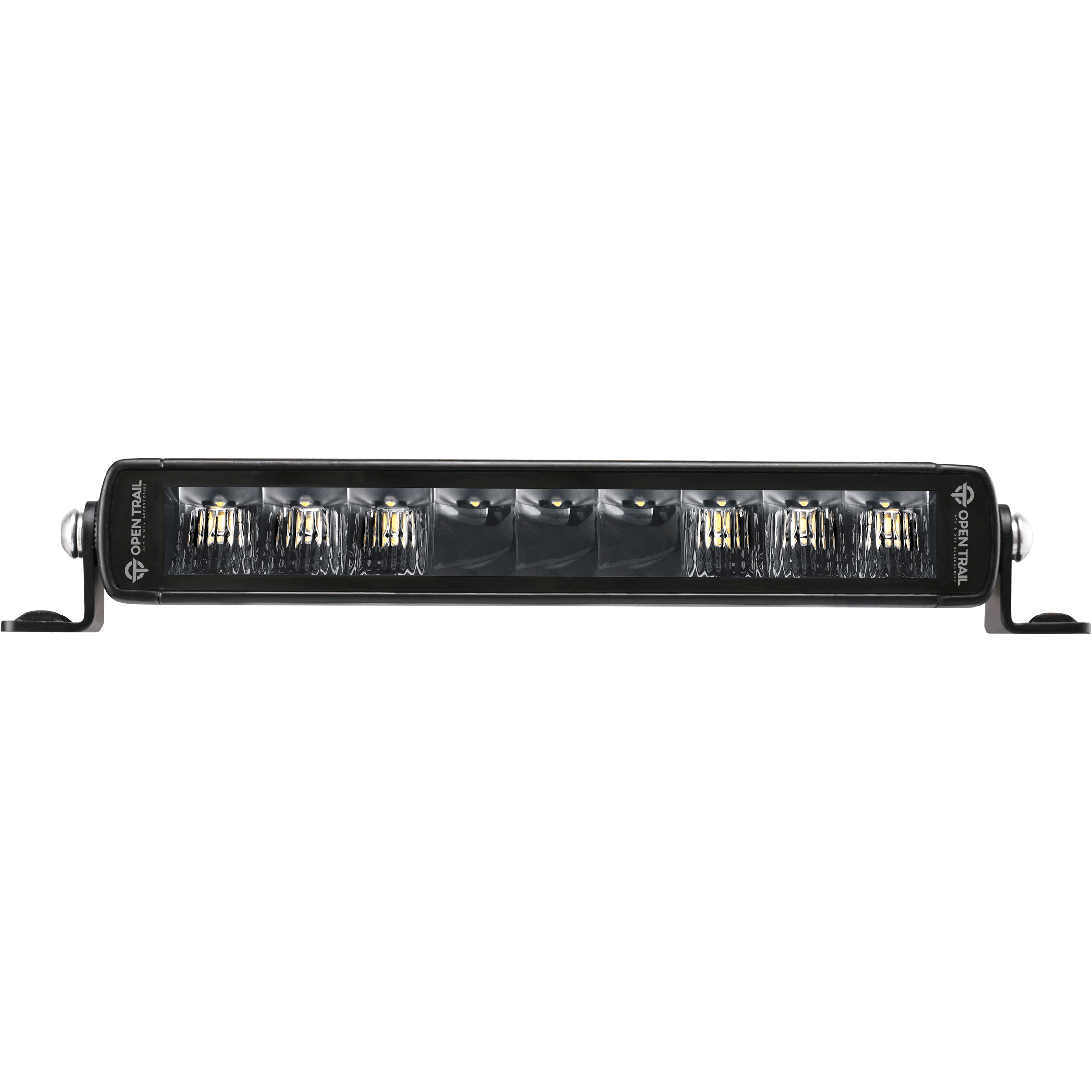 The Stealth Slimline LED Light 10 Combo (Spot+Driving) by Open Trail features high-intensity Osram LEDs under a clear lens, black mounting brackets, and OPEN TRAIL labels—ideal for offroad driving.