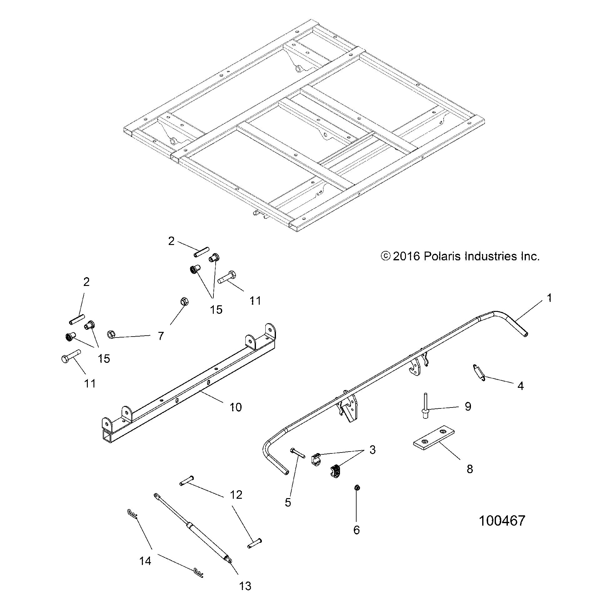 An Image of a Genuine Polaris Parts Schematic Diagram showing the schematic - BODY: DUMP BOX LEVER and SHOCK MOUNTING - 2018 POLARIS SPORTSMAN 570 6X6