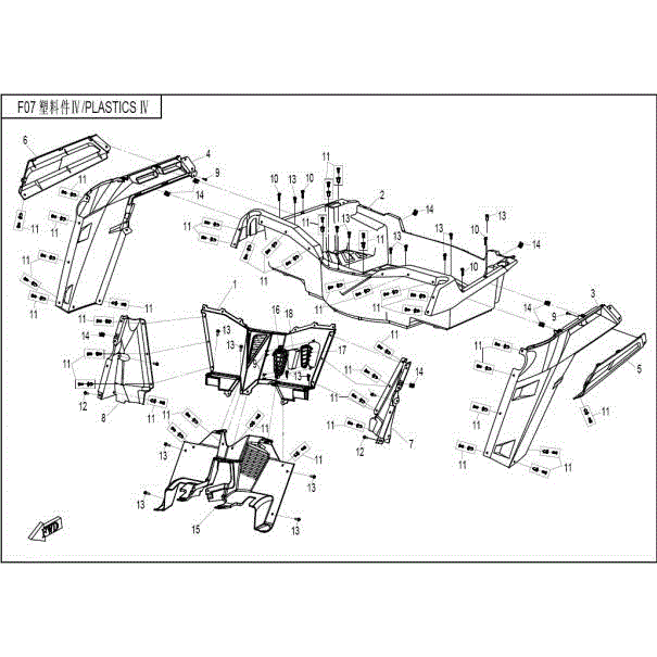 An Image of a Genuine CFMOTO Parts Schematic Diagram showing the schematic - PLASTIC IV - 2015 CFMOTO ZFORCE 600