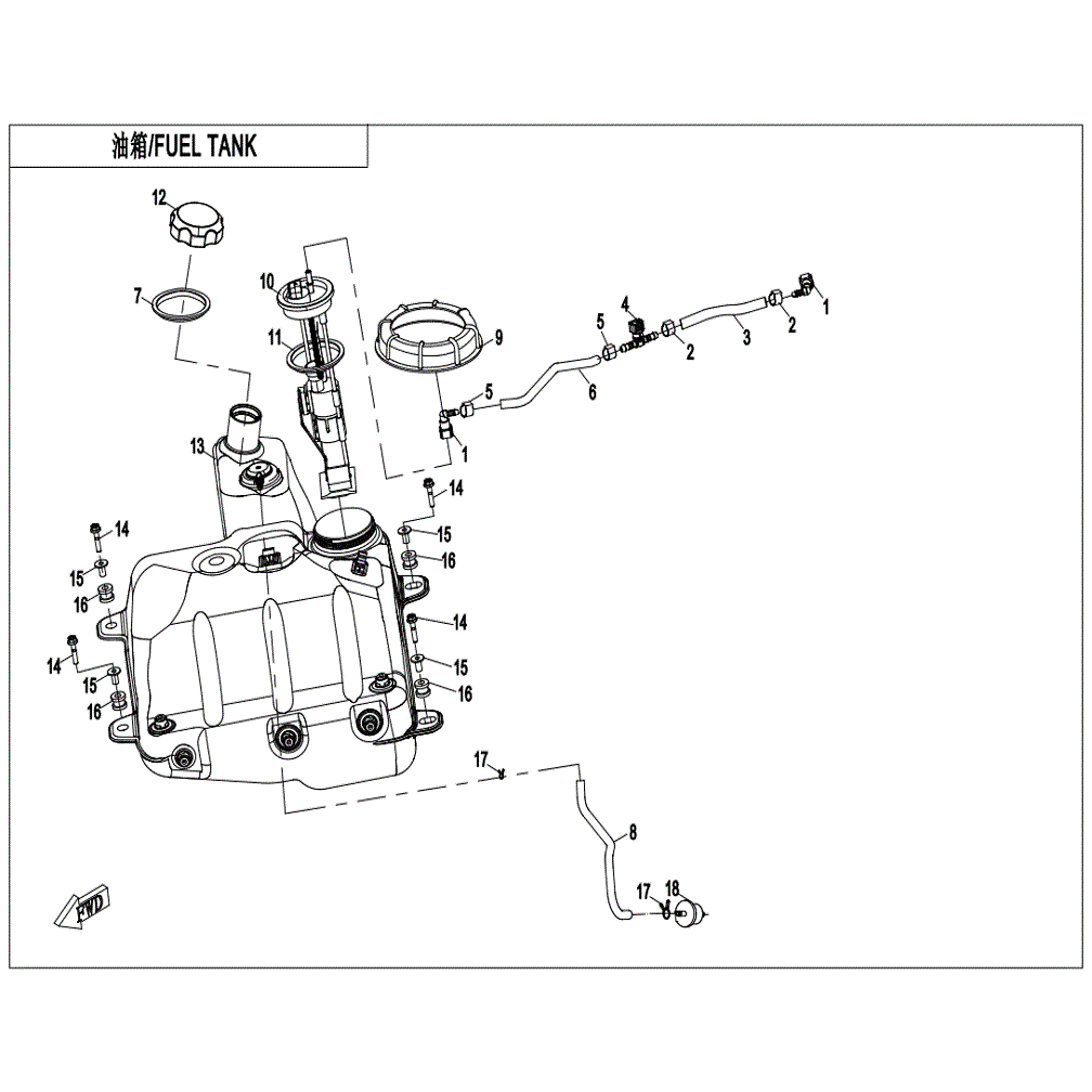 An Image of a genuine CFMOTO Parts Schematic Diagram showing the group - FUEL TANK (USA) - 2022 CFMOTO CFORCE 800 XC