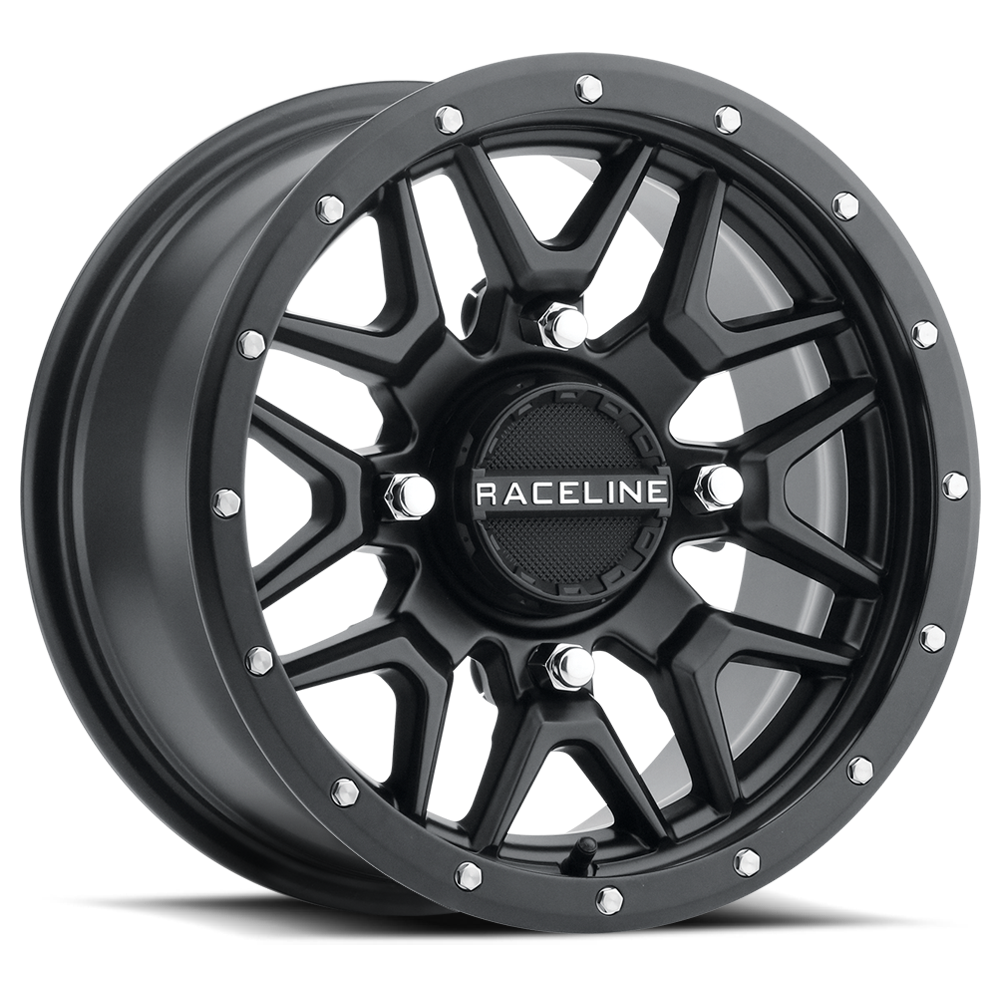 The Raceline ATV / UTV Krank Wheel 14X7 4/156 6+1 (+38mm) features a black, multi-spoke matte finish with beadlock details and RACELINE branding at the center, displayed against a plain white background.