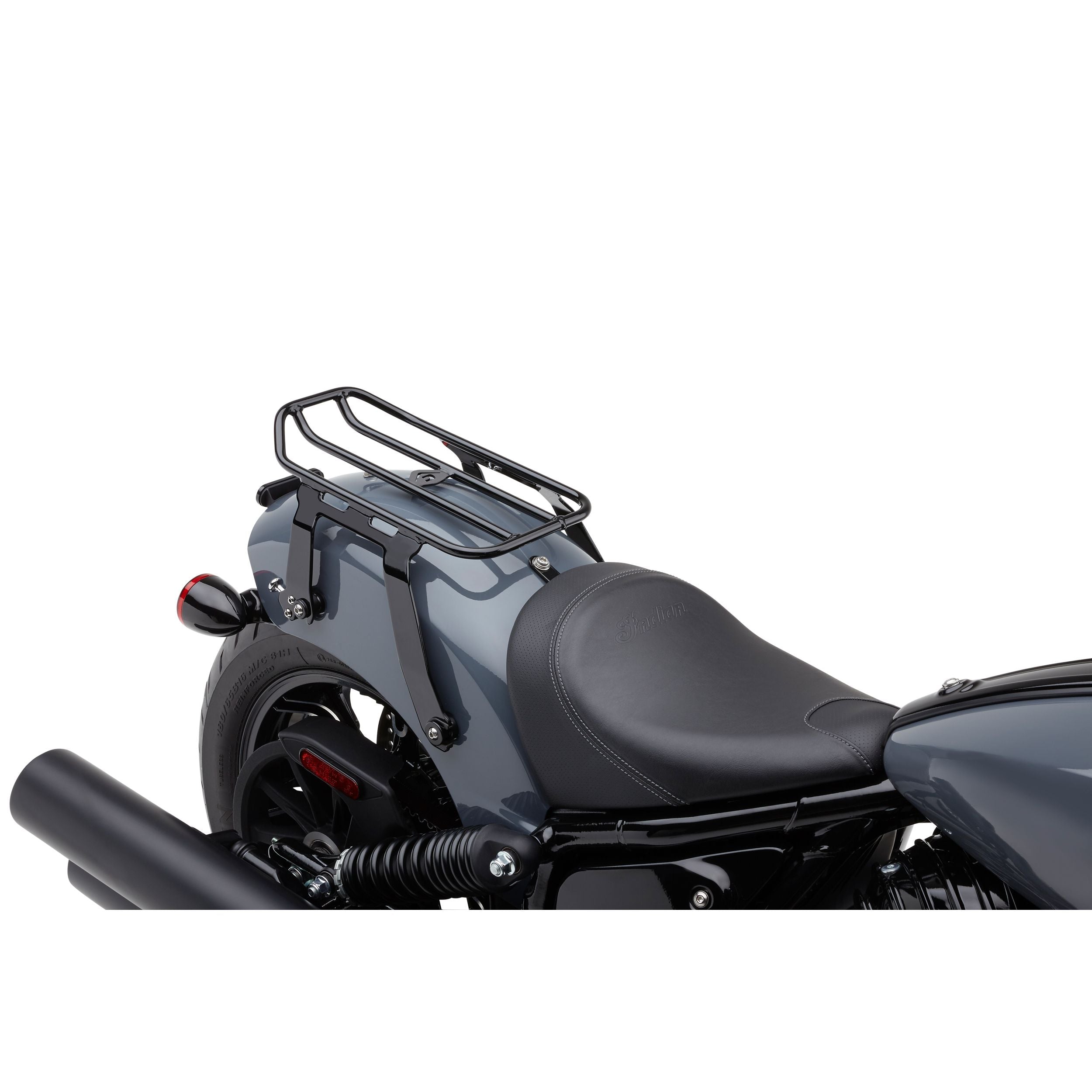 Close-up of a motorcycle’s rear section featuring a Cobra Detachable Solo Luggage Rack, Black for Indian Chief 22-24, mounted behind a black leather seat on a glossy gray bike.