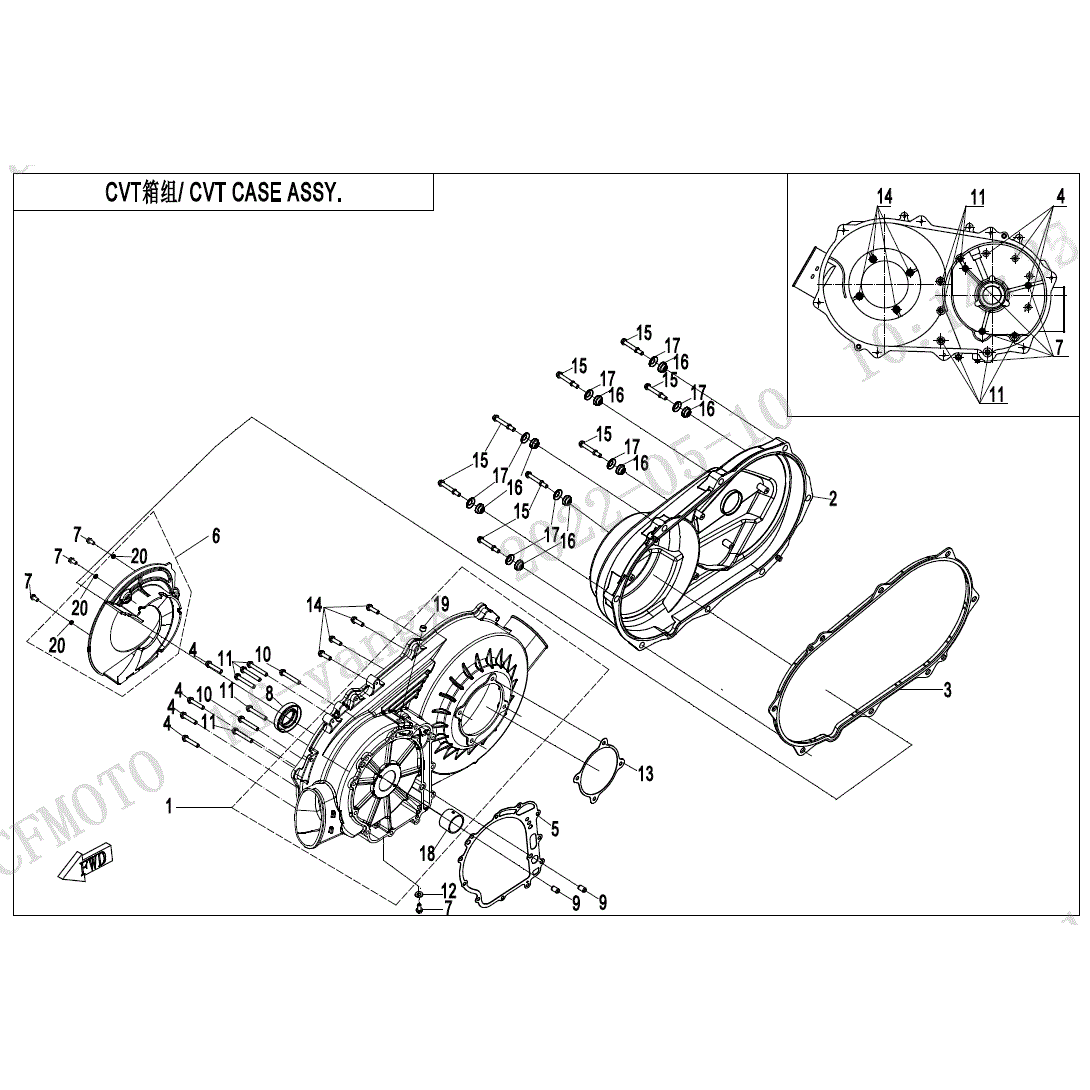 An Image of a genuine CFMOTO Parts Schematic Diagram showing the group - CVT CASE ASSY - 2024 CFMOTO CFORCE 600 TOURING