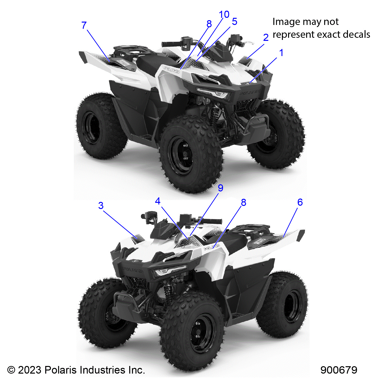 An Image of a Genuine Polaris Parts Schematic Diagram showing the schematic - BODY: DECALS GRAPHICS - 2024 POLARIS OUTLAW 70