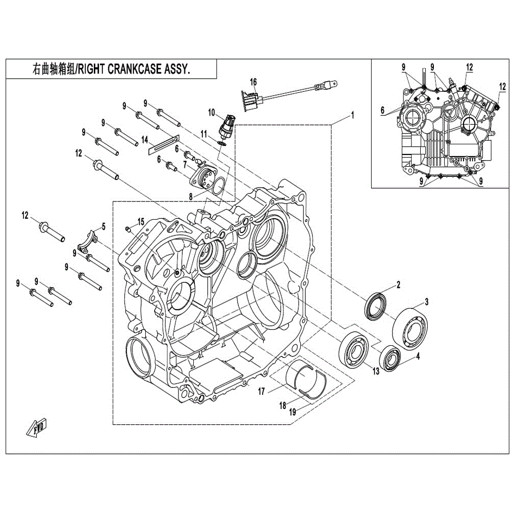 An Image of a genuine CFMOTO Parts Schematic Diagram showing the group - RIGHT CRANKCASE ASSY. - 2021 CFMOTO CFORCE 400