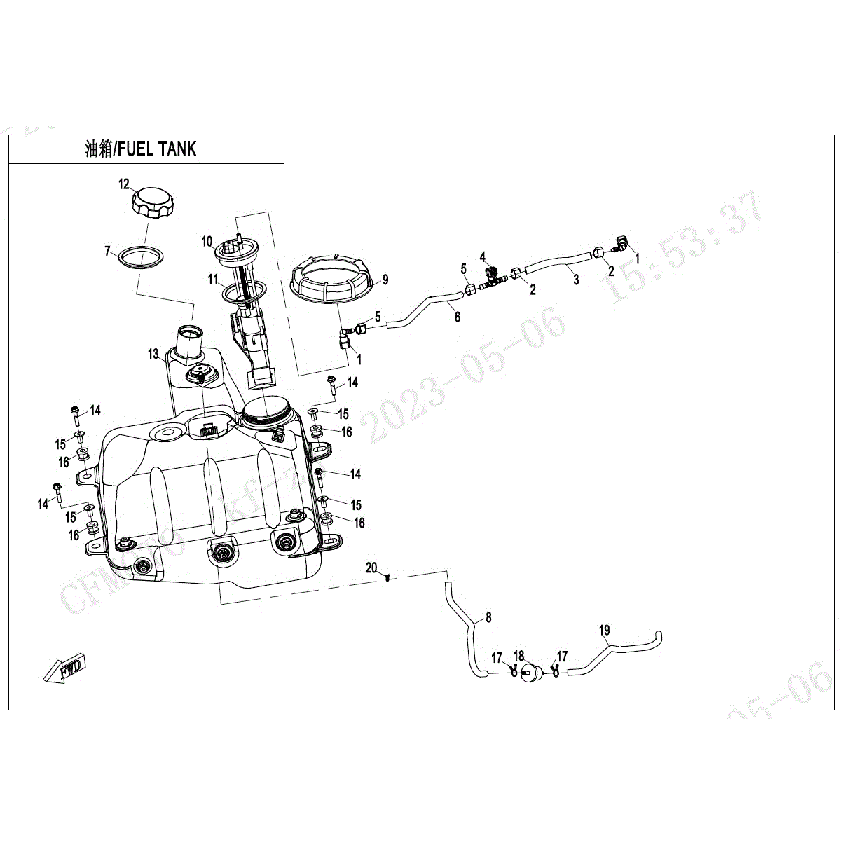 An Image of a genuine CFMOTO Parts Schematic Diagram showing the group - FUEL TANK - 2024 CFMOTO CFORCE 800 XC