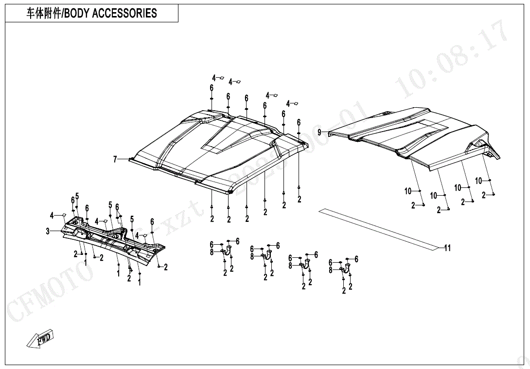 Exploded diagram of CF Moto Top Roof Seal, with numbered parts labeled in Chinese and English for assembly. Perfect for sourcing OEM roof seal components at Witchdoctors.com.