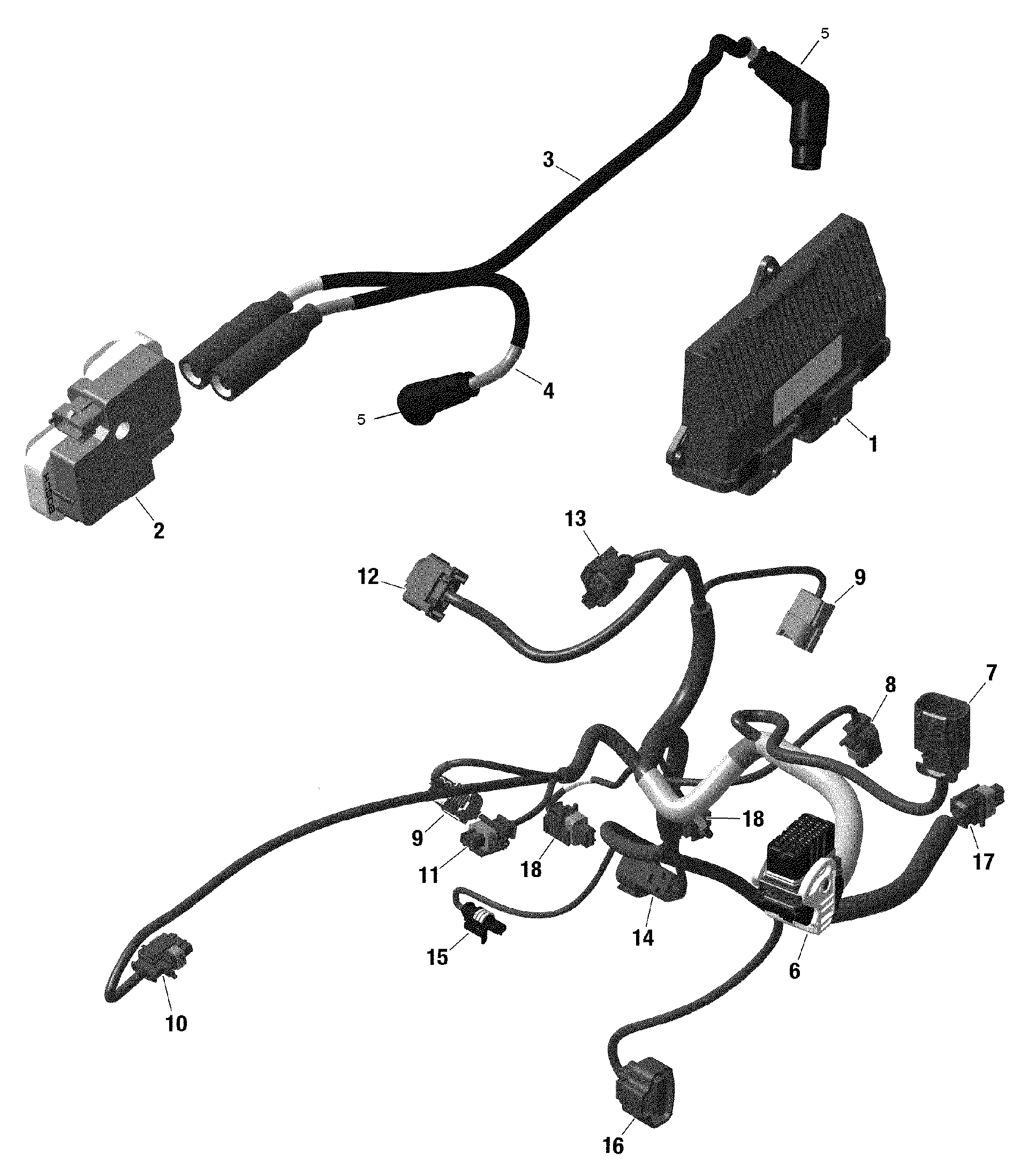 An Image of a Genuine Can-Am Parts Schematic Diagram showing the schematic - ENGINE HARNESS AND ELECTRONIC MODULE RENEGADE