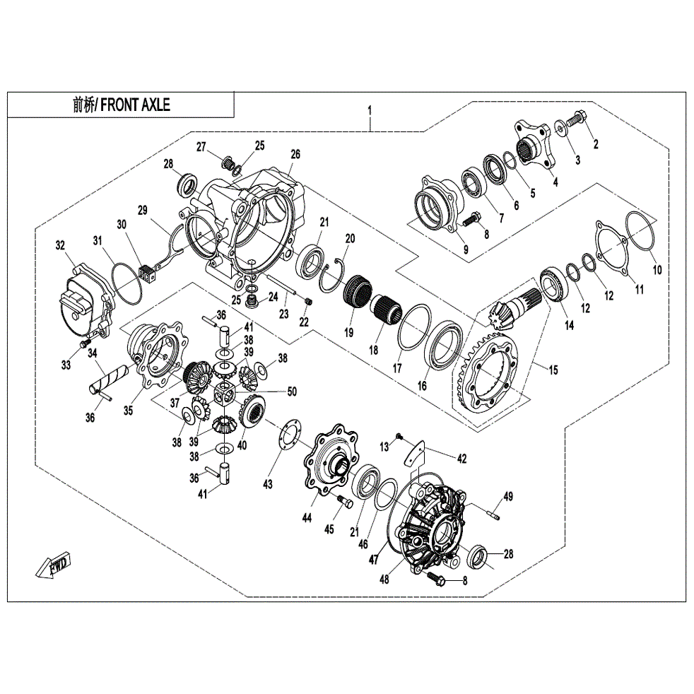 An Image of a genuine CFMOTO Parts Schematic Diagram showing the group - FRONT AXLE - 2022 CFMOTO CFORCE 400