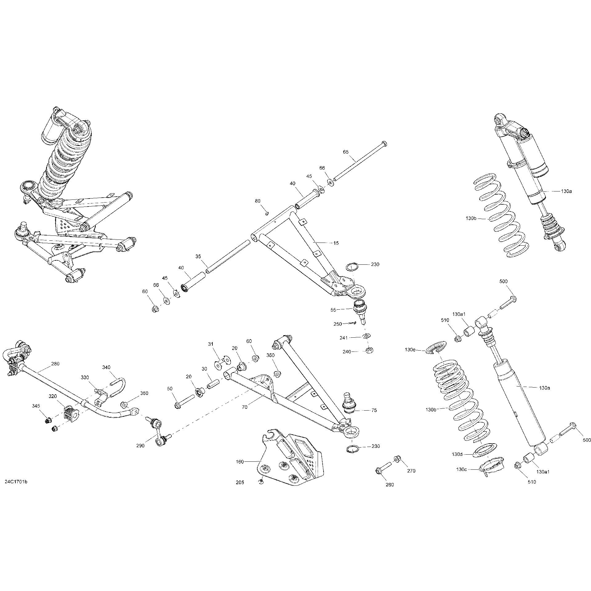 An Image of a Genuine Can-Am Parts Schematic Diagram showing the schematic - FRONT SUSPENSION - EXCEPT PACKAGE LTD