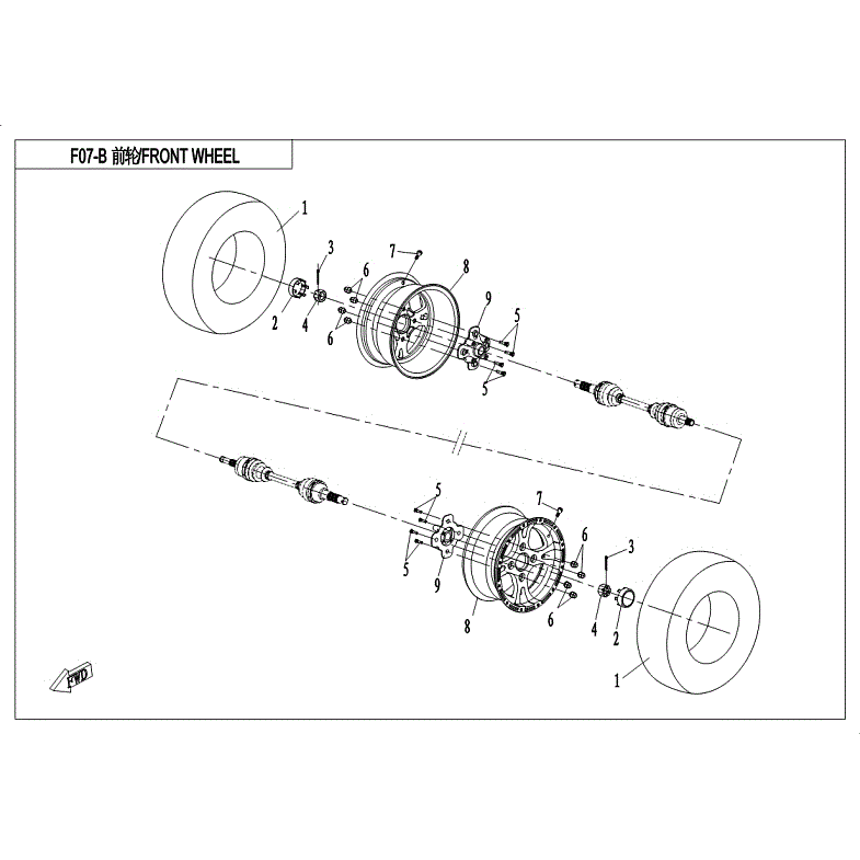 An Image of a Genuine CFMOTO Parts Schematic Diagram showing the schematic - FRONT WHEEL - 2018 CFMOTO UFORCE 800