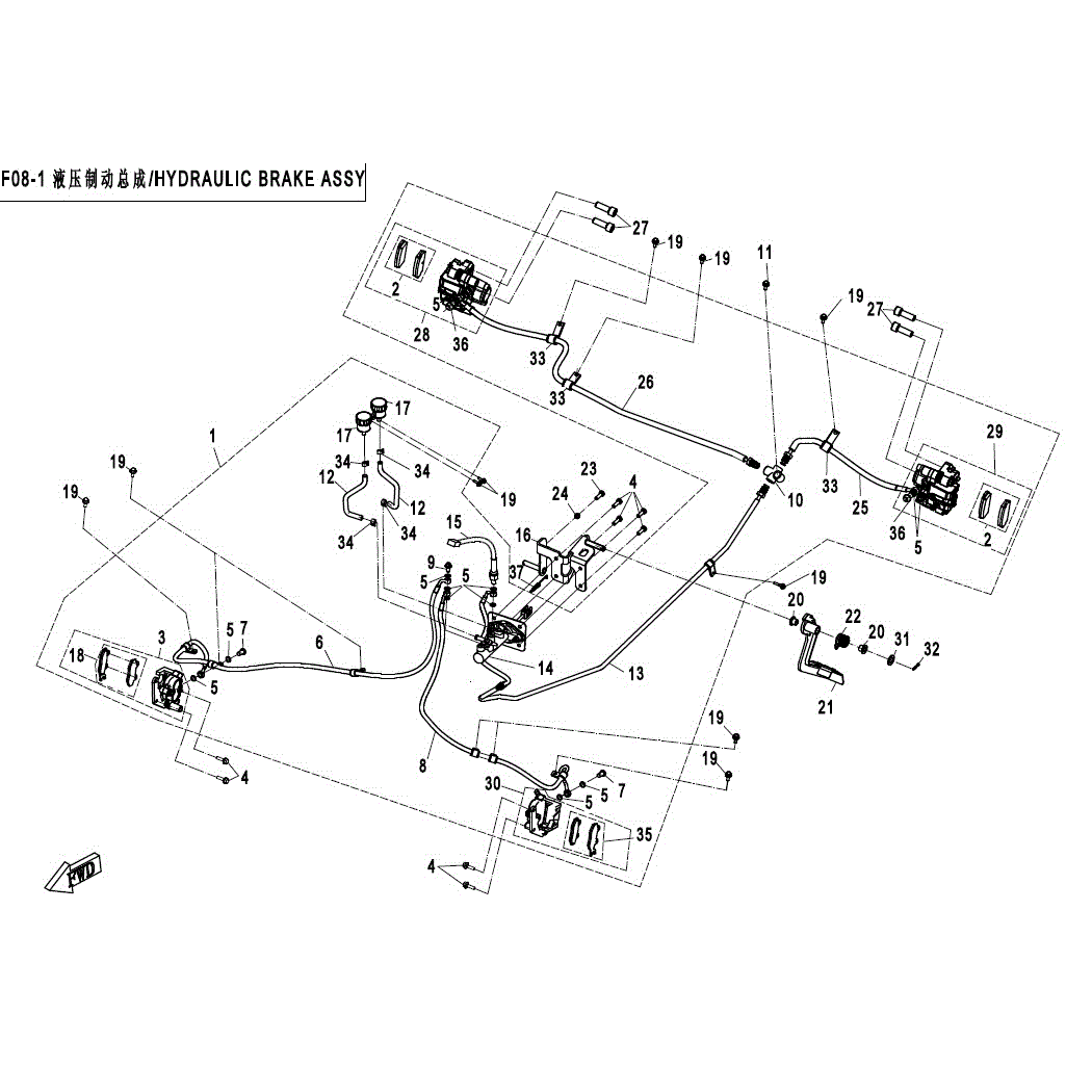 An Image of a Genuine CFMOTO Parts Schematic Diagram showing the schematic - HYDRAULIC BRAKE ASSY - 2017 CFMOTO ZFORCE 800 Trail