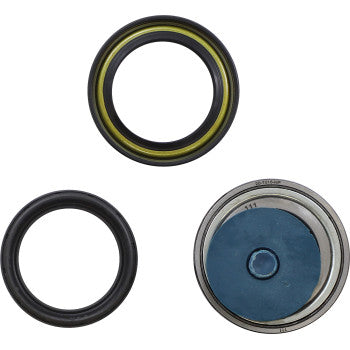 Three circular components from the Bayou / Prairie Wheel Bearing Kit by Moose Offroad are arranged in a triangle on a white background: one with a yellow ring, one plain black, and another with a metallic outer ring and blue center.