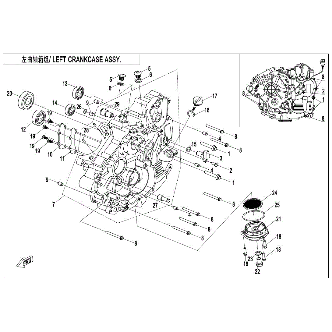 An Image of a genuine CFMOTO Parts Schematic Diagram showing the group - LEFT CRANKCASE ASSY. - 2019 CFMOTO CFORCE 600