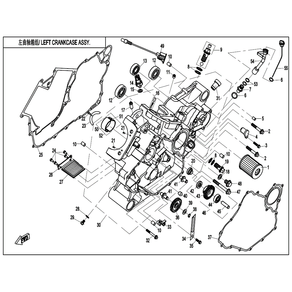 An Image of a Genuine CFMOTO Parts Schematic Diagram showing the schematic - LEFT CRANKCASE ASSY. - 2022 CFMOTO ZFORCE 800 Trail