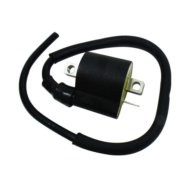 The Yamha/Suzuki UTV/ATV Ignition Coil by Bronco features a black cylindrical body, two metal mounting brackets, and an attached black spark plug wire—ideal for replacing or upgrading UTV or ATV ignition coils.