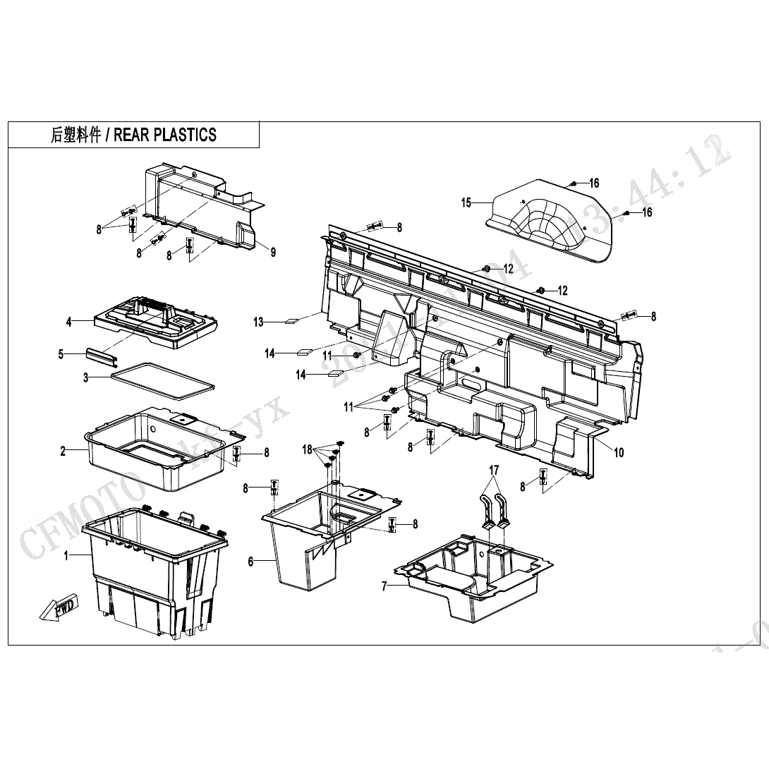 An Image of a Genuine CFMOTO Parts Schematic Diagram showing the schematic - REAR PLASTICS(3) - 2022 CFMOTO UFORCE 1000 XL