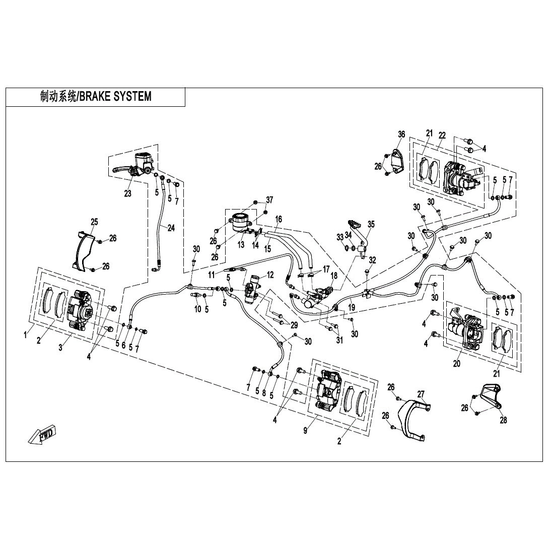 An Image of a genuine CFMOTO Parts Schematic Diagram showing the group - BRAKE SYSTEM - 2021 CFMOTO CFORCE 600 Touring