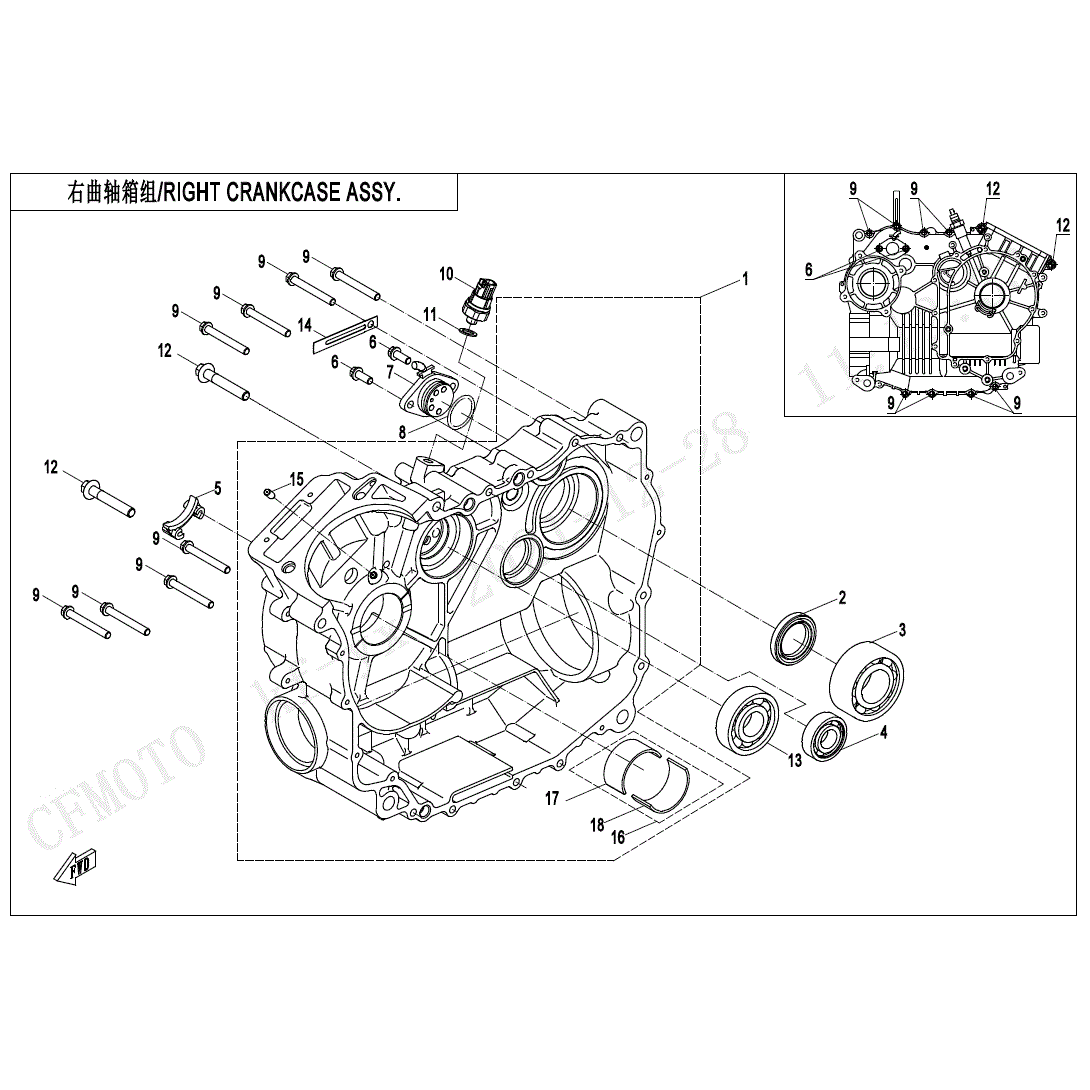 An Image of a genuine CFMOTO Parts Schematic Diagram showing the group - RIGHT CRANKCASE ASSY - 2024 CFMOTO CFORCE 500 S