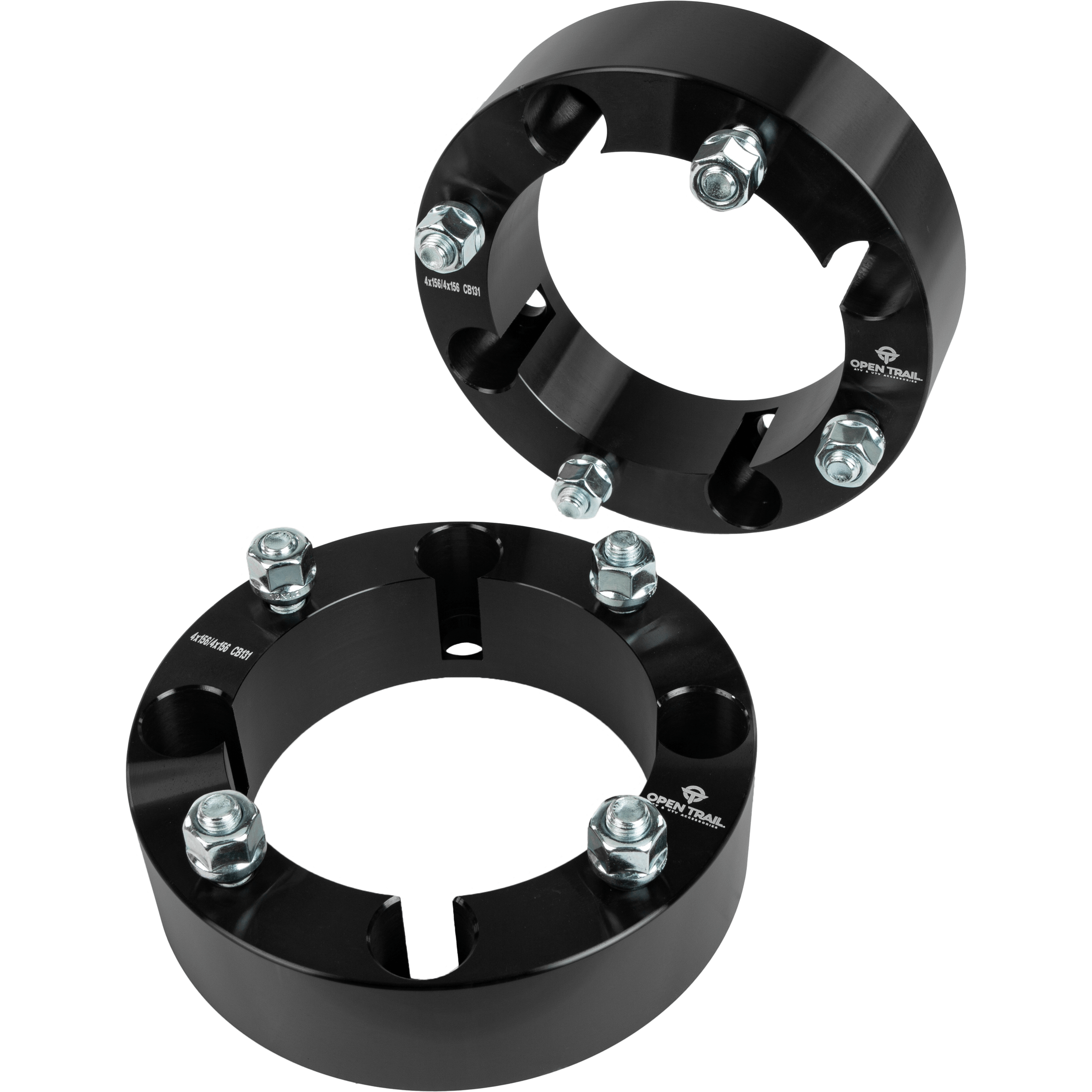 Two Wheel Spacer 2 4/156 Stud: 12mm x 1.5mm by Open Trail in black aluminum, each with four silver bolts, are displayed at various angles on a white background to enhance wider tire clearance.