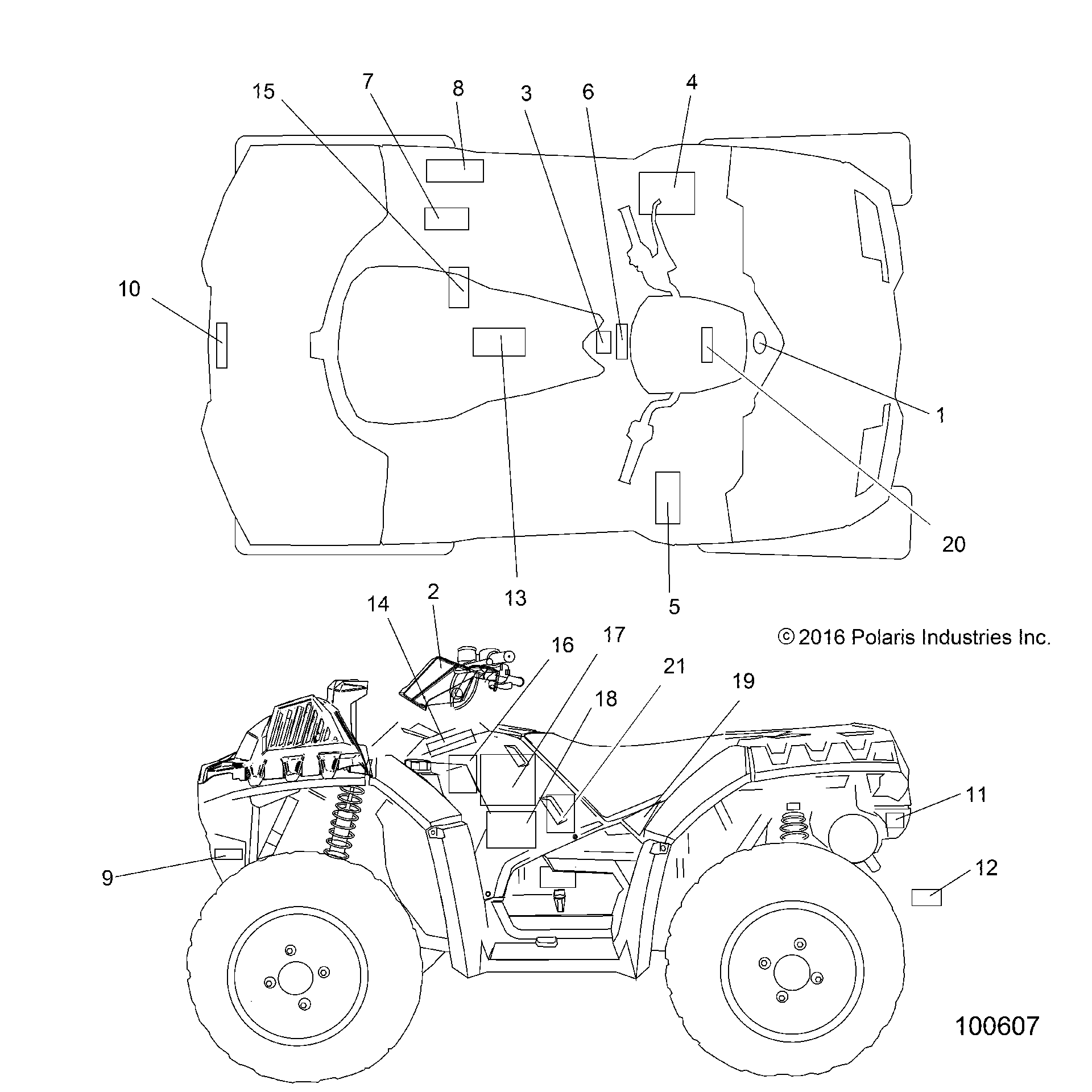 An Image of a Genuine Polaris Parts Schematic Diagram showing the schematic - BODY: DECALS - 2017 POLARIS SPORTSMAN 1000 HIGH LIFTER