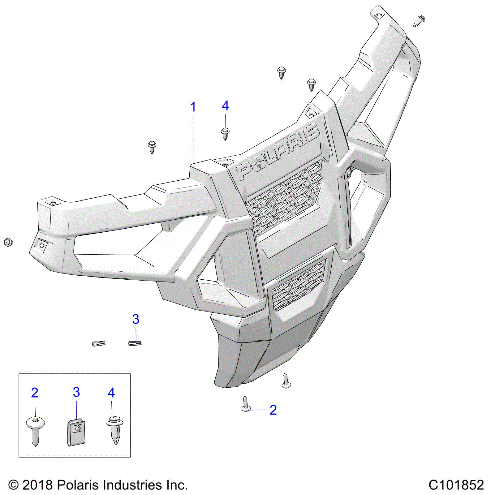 An Image of a Genuine Polaris Parts Schematic Diagram showing the schematic - BODY: BUMPER FRONT - 2021 POLARIS ACE 150 EFI