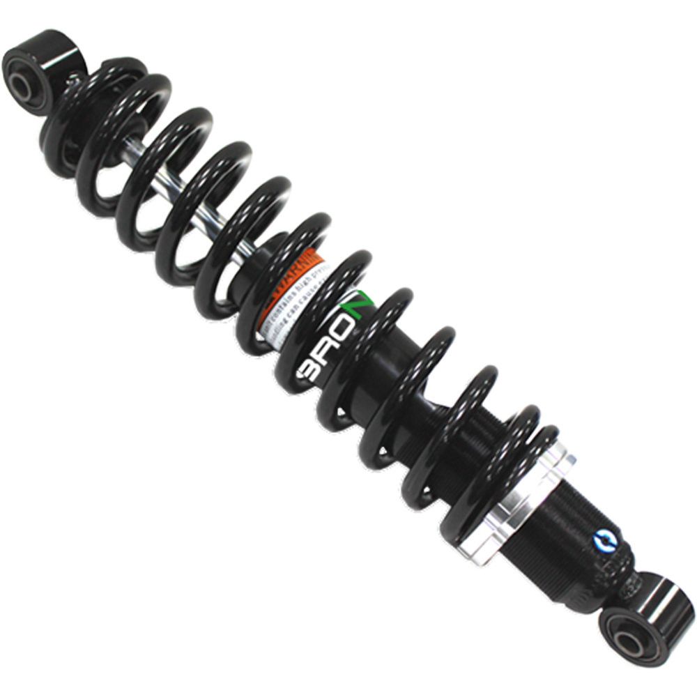 The Polaris Ranger XP/Crew/4x4 UTV/ATV Rear Gas Shock by Bronco is a black coilover shock absorber with a tightly wound spring, adjustment knob, and mounting eyelets at each end, displayed on a white background.