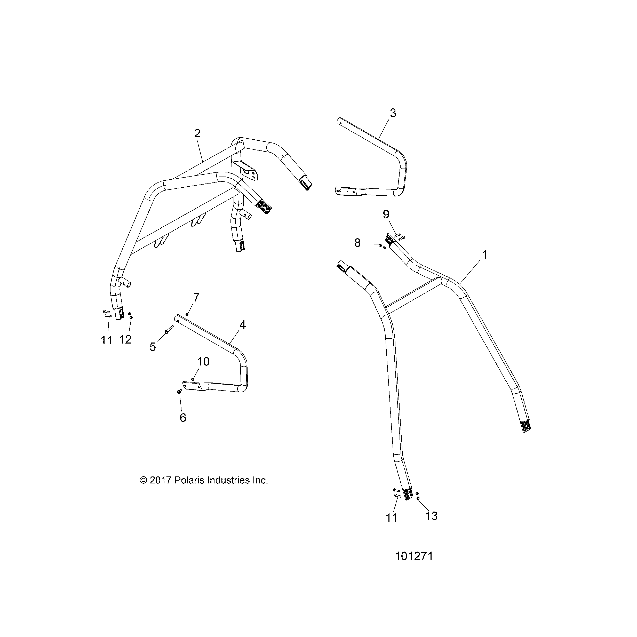 An Image of a Genuine Polaris Parts Schematic Diagram showing the schematic - CHASSIS: CAB FRAME AND SIDE BARS - 2018 POLARIS ACE 500 SOHC