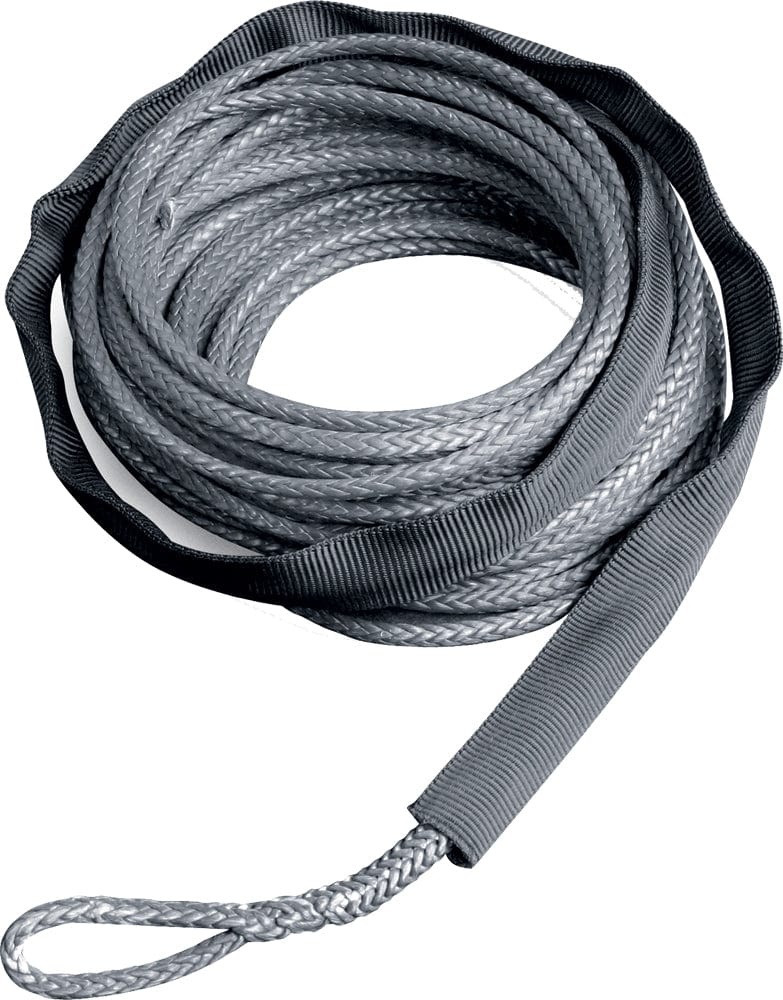 The Synthetic Rope Rock Abrasion Sleeve by Warn is a gray synthetic rope featuring a looped end and durable black and gray sleeves, ideal for towing or recovery tasks.