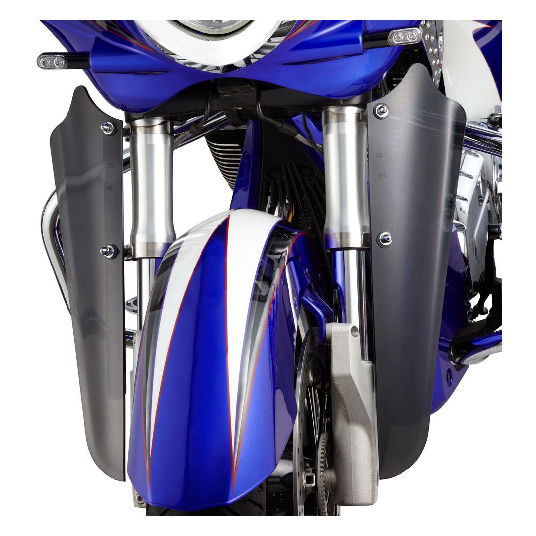 Close-up front view of a blue Victory Cross Motorcycle with silver and white accents, detailed fender, fork, aerodynamic fairings, and Lower Wind Deflectors Flat Black by Witchdoctors for reduced wind buffeting.