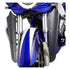Close-up front view of a blue Victory Cross Motorcycle with silver and white accents, detailed fender, fork, aerodynamic fairings, and Lower Wind Deflectors Flat Black by Witchdoctors for reduced wind buffeting.