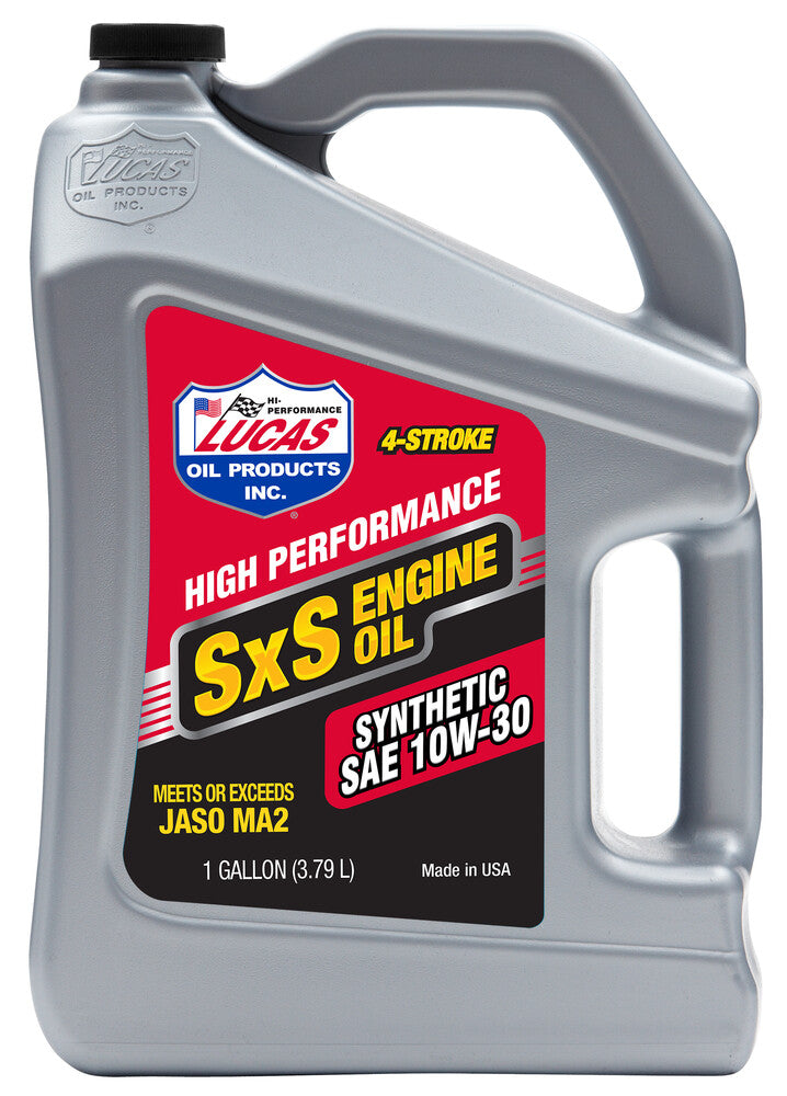 A gray 1-gallon jug of Lucas Oil SxS UTV/ATV Synthetic Engine Oil 10W30 meets JASO MA-2, extends engine oil life, and is designed for SXS and ATV engines. Features a red, yellow, and black label with product details and logo.