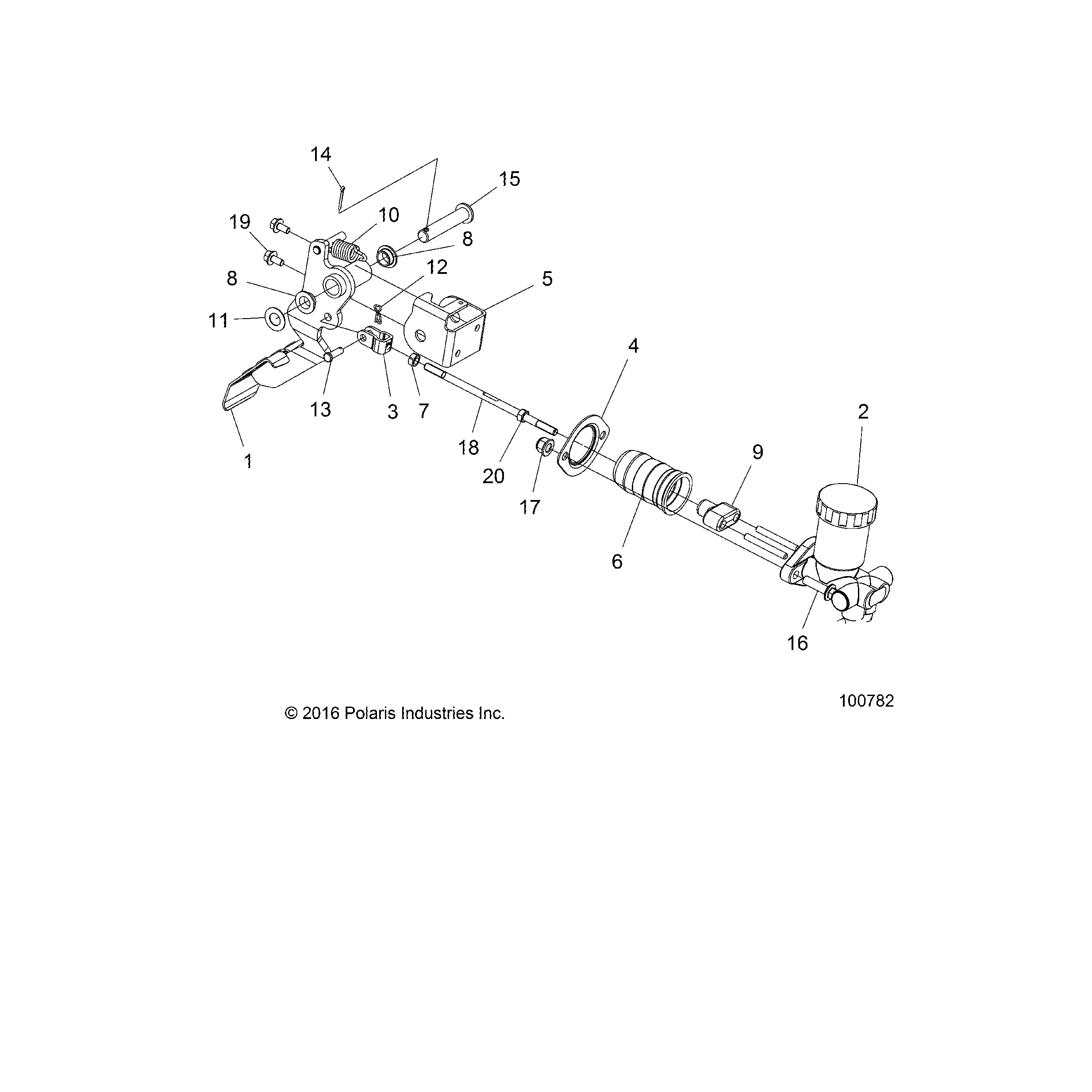 An Image of a Genuine Polaris Parts Schematic Diagram showing the schematic - BRAKES: PEDAL AND MASTER CYLINDER MOUNTING - 2019 POLARIS ACE 150 EFI INDY