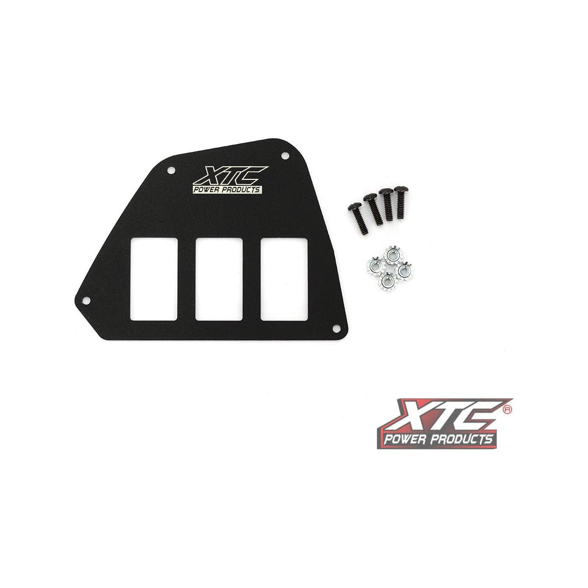 The 3 Switch Mount Plate Hon by XTC Power is a black metal panel with three rectangular cutouts for rocker switches, includes four screws and nuts, features the XTC Power Products logo, and is made in the USA.