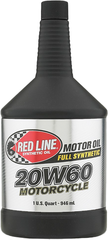 A black plastic bottle of Motor Oil 4T 20W60 1Qt by Red Line, featuring red, white, silver, and yellow accents—ideal for motocross bikes and JASO MA wet-clutch applications. Contains 1 U.S. Quart (946 mL) of full synthetic oil.