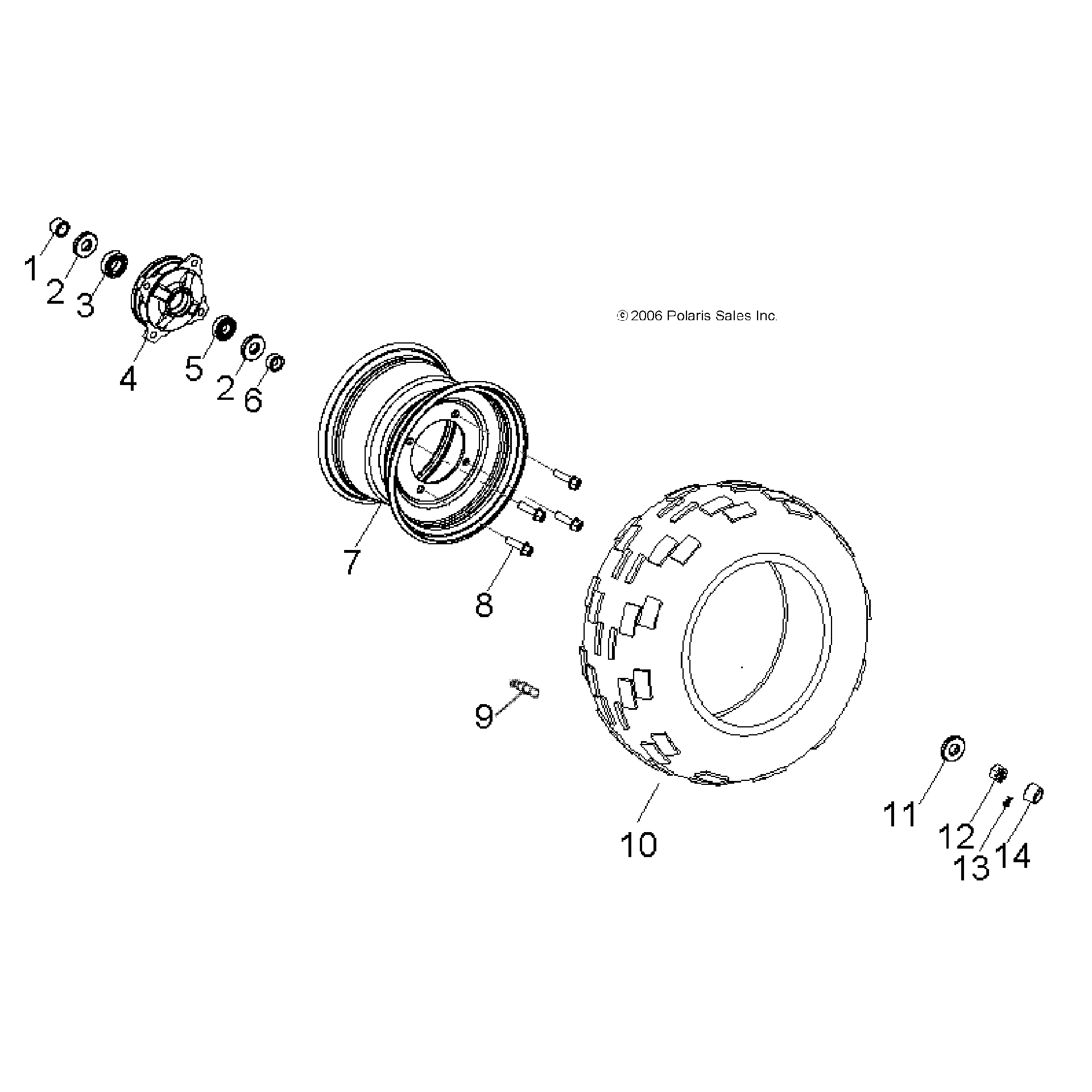 An Image of a Genuine Polaris Parts Schematic Diagram showing the schematic - WHEELS: FRONT - 2015 POLARIS OUTLAW 50