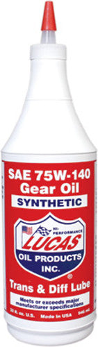 A white plastic bottle with a red label and pointed cap, labeled Synthetic Gear Oil 75W140 Qt by Lucas Oil, is designed for high performance and heavy duty transmission and differential lubrication.