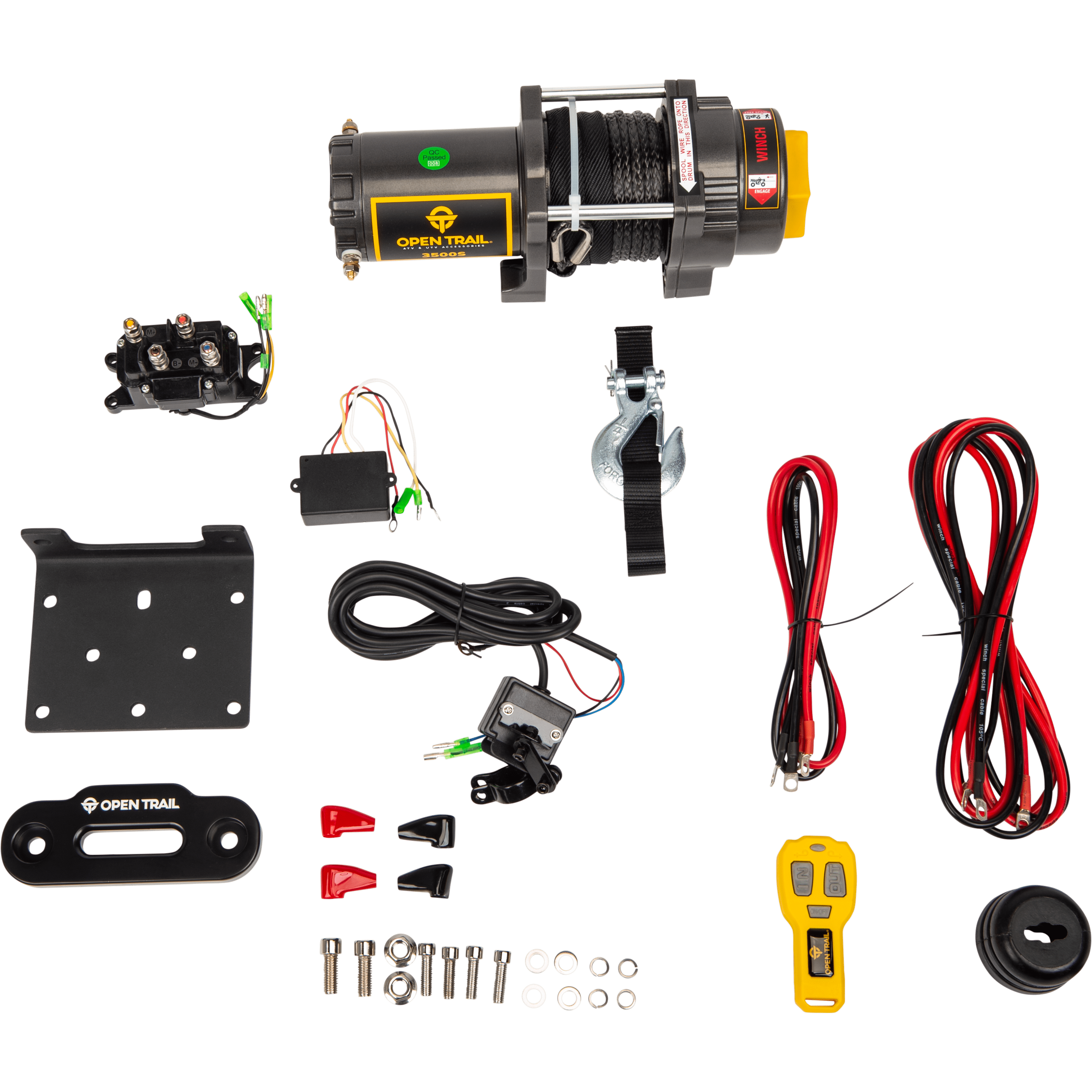 The 3500Lb Winch Synthetic Rope by Open Trail includes a motorized winch with a durable gear system, metal mounting plate, relay, wired/wireless remotes, hook, synthetic rope, bolts, nuts, washers, and connectors on a white background.