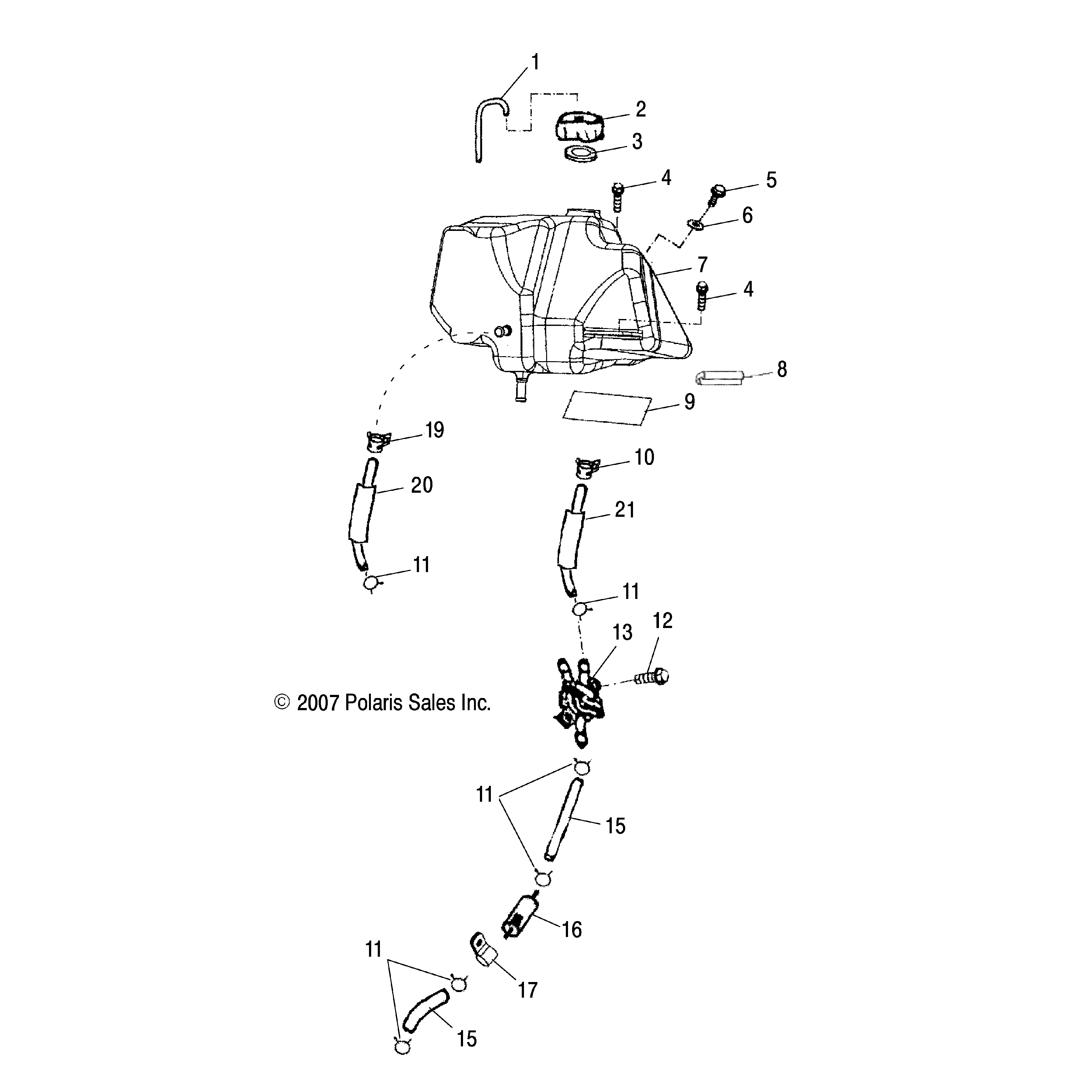 An Image of a Genuine Polaris Parts Schematic Diagram showing the schematic - BODY: FUEL TANK ASM. - 2016 POLARIS PHOENIX 200