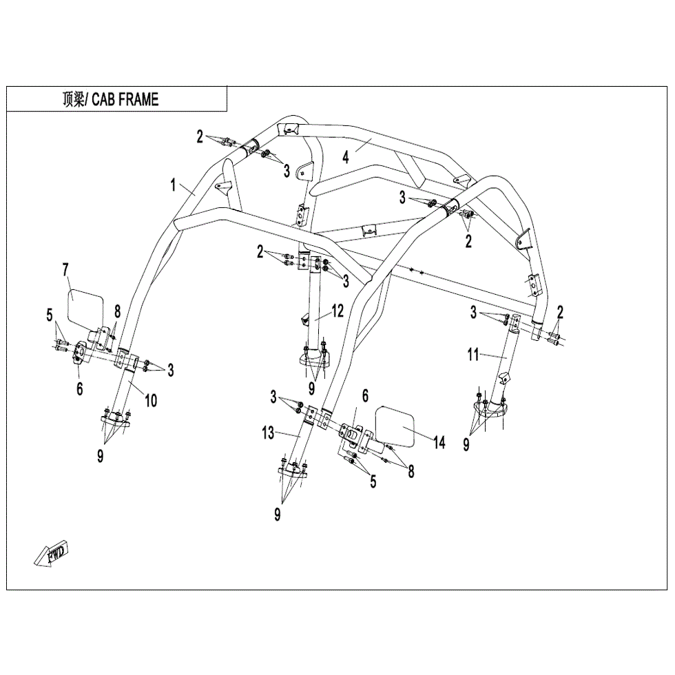 An Image of a Genuine CFMOTO Parts Schematic Diagram showing the schematic - CAB FRAME (NA) - 2022 CFMOTO ZFORCE 800 EX