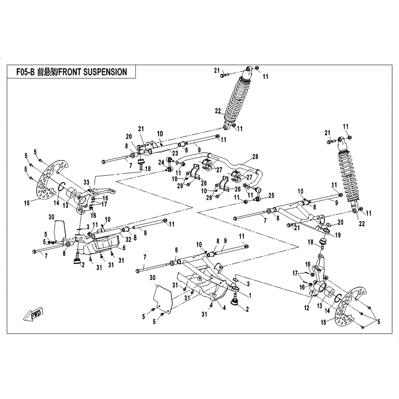 An Image of a Genuine CFMOTO Parts Schematic Diagram showing the schematic - FRONT SUSPENSION - 2018 CFMOTO UFORCE 800