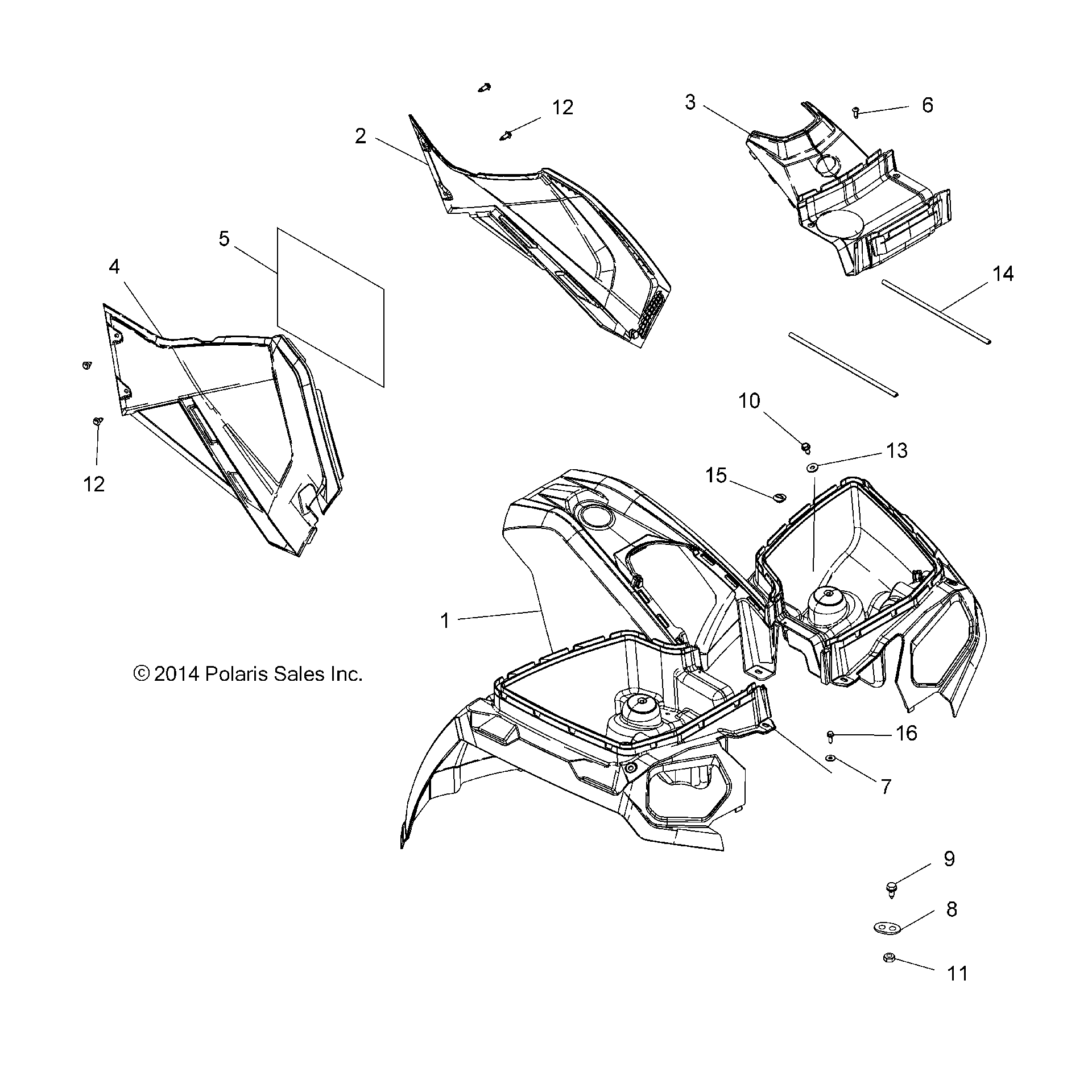 An Image of a Genuine Polaris Parts Schematic Diagram showing the schematic - BODY: FRONT CAB and SIDE PANELS - 2015 POLARIS HAWKEYE 325 2X4