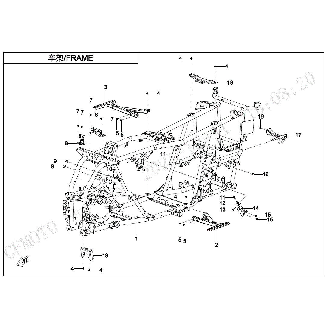 An Image of a genuine CFMOTO Parts Schematic Diagram showing the group - FRAME - 2024 CFMOTO CFORCE 400 S