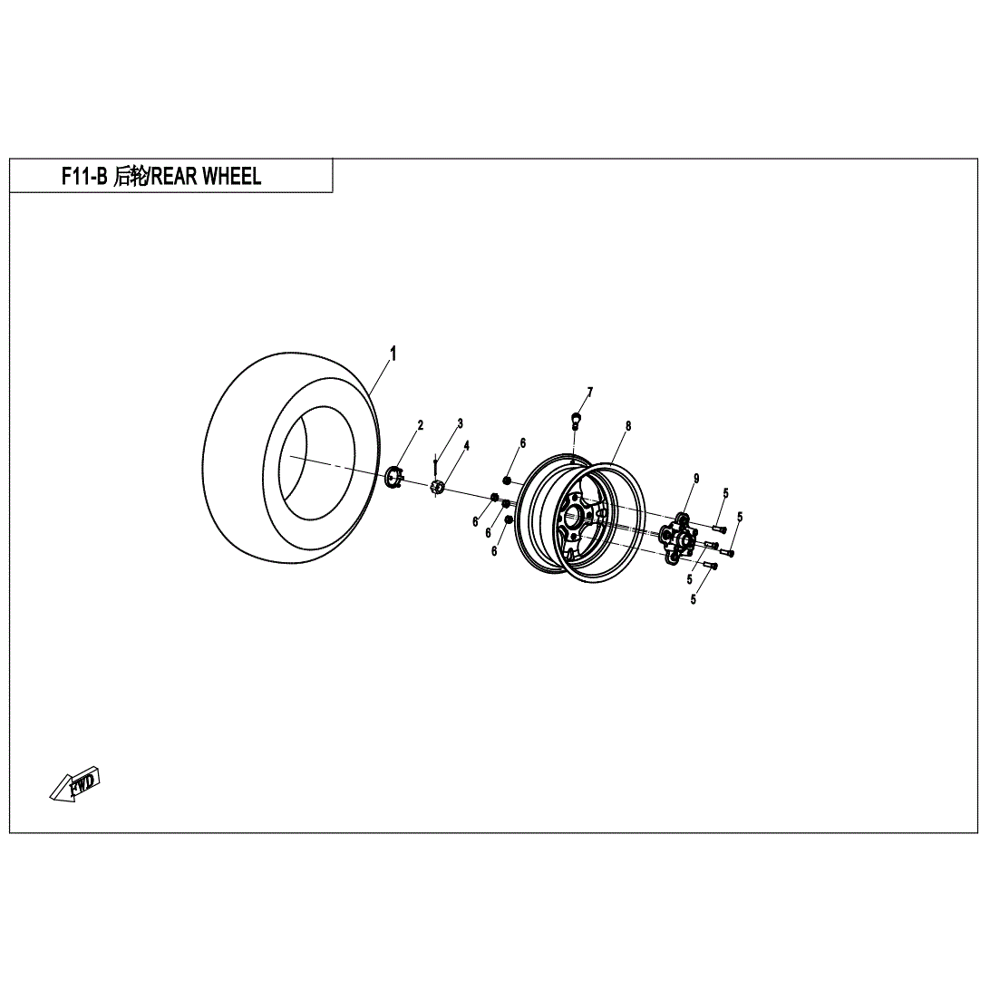 An Image of a Genuine CFMOTO Parts Schematic Diagram showing the schematic - REAR WHEEL - 2020 CFMOTO UFORCE 500