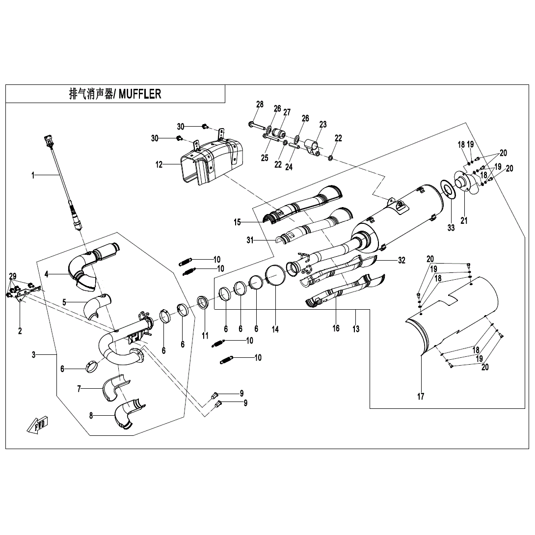 An Image of a genuine CFMOTO Parts Schematic Diagram showing the group - MUFFLER - 2025 CFMOTO CFORCE 600
